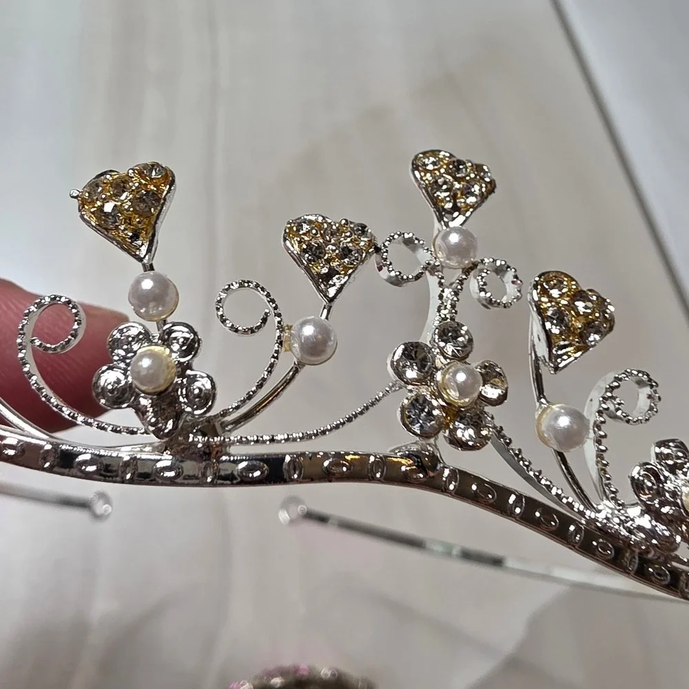 Princess Tiaras Pink Rhinestone Hair Comb and Heart Pearl Headband set of 2 H3